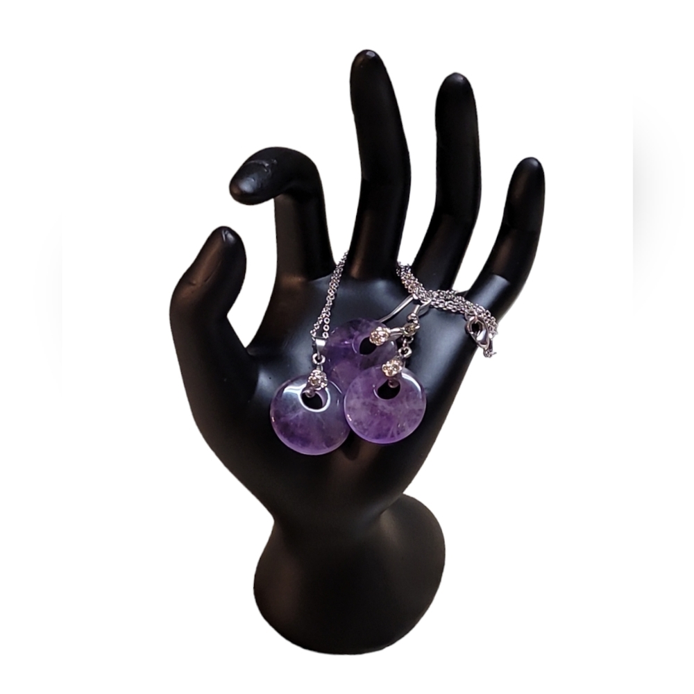 Vintage Silvertone Amethyst Bohemian Disk Necklace and Earring Set